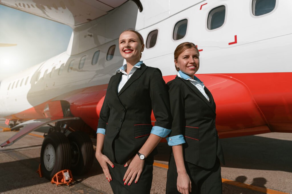 Cheerful flight attendants standing back to back at airport . Blurred background
